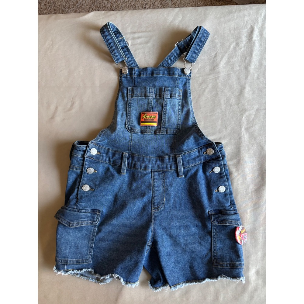 Limited Too Hershey Reeses Denim Shortalls Girls Large 12/14 Blue Cargo Overalls